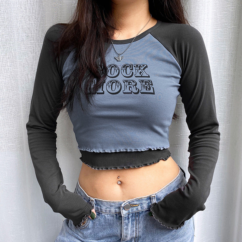Short Raglan Shoulder Hit Color Wood Ears Letter Printed Long-Sleeved T-Shirt