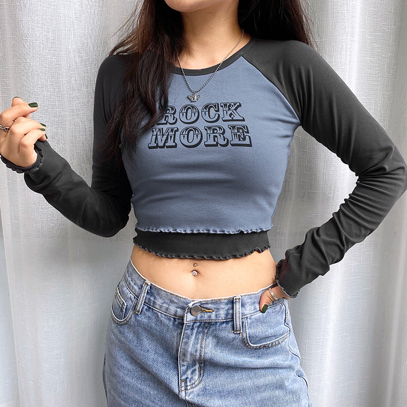 Short Raglan Shoulder Hit Color Wood Ears Letter Printed Long-Sleeved T-Shirt