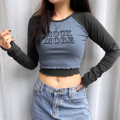 Short Raglan Shoulder Hit Color Wood Ears Letter Printed Long-Sleeved T-Shirt