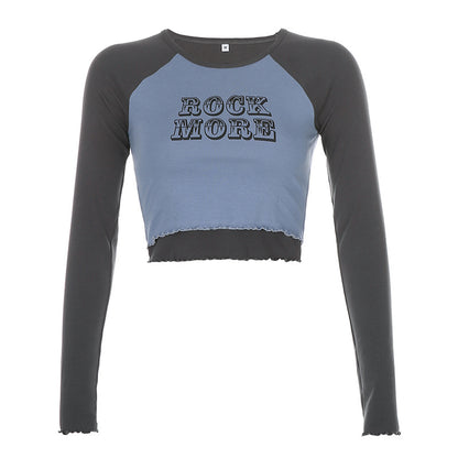 Short Raglan Shoulder Hit Color Wood Ears Letter Printed Long-Sleeved T-Shirt