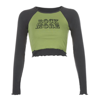 Short Raglan Shoulder Hit Color Wood Ears Letter Printed Long-Sleeved T-Shirt