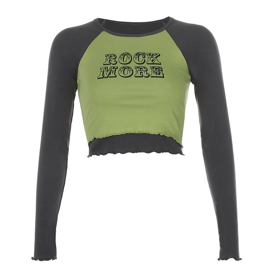 Short Raglan Shoulder Hit Color Wood Ears Letter Printed Long-Sleeved T-Shirt