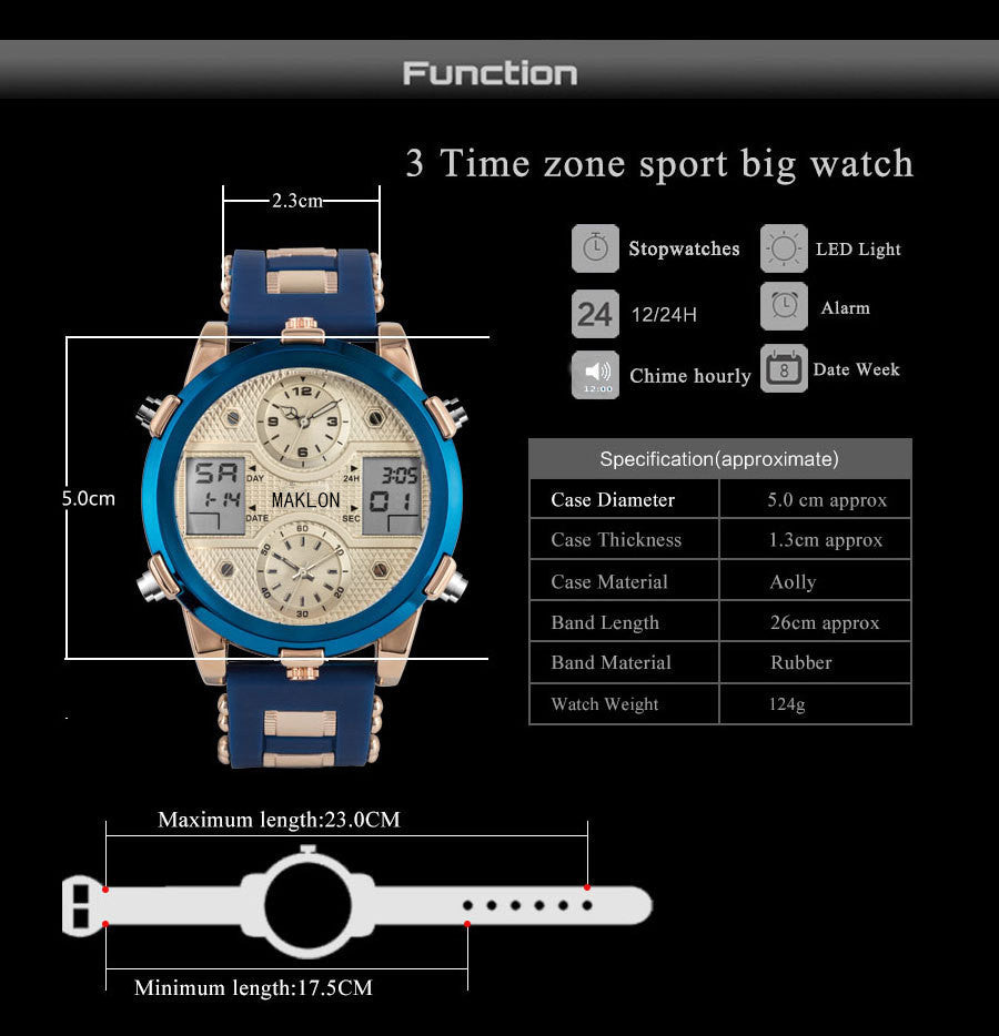 Dial Domineering Military Watch Dual Movement Dual Display Luminous Sports Watch Multi-Function Watch Waterproof MAKLON