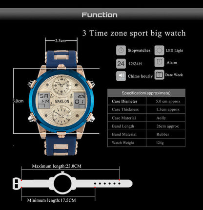 Dial Domineering Military Watch Dual Movement Dual Display Luminous Sports Watch Multi-Function Watch Waterproof MAKLON