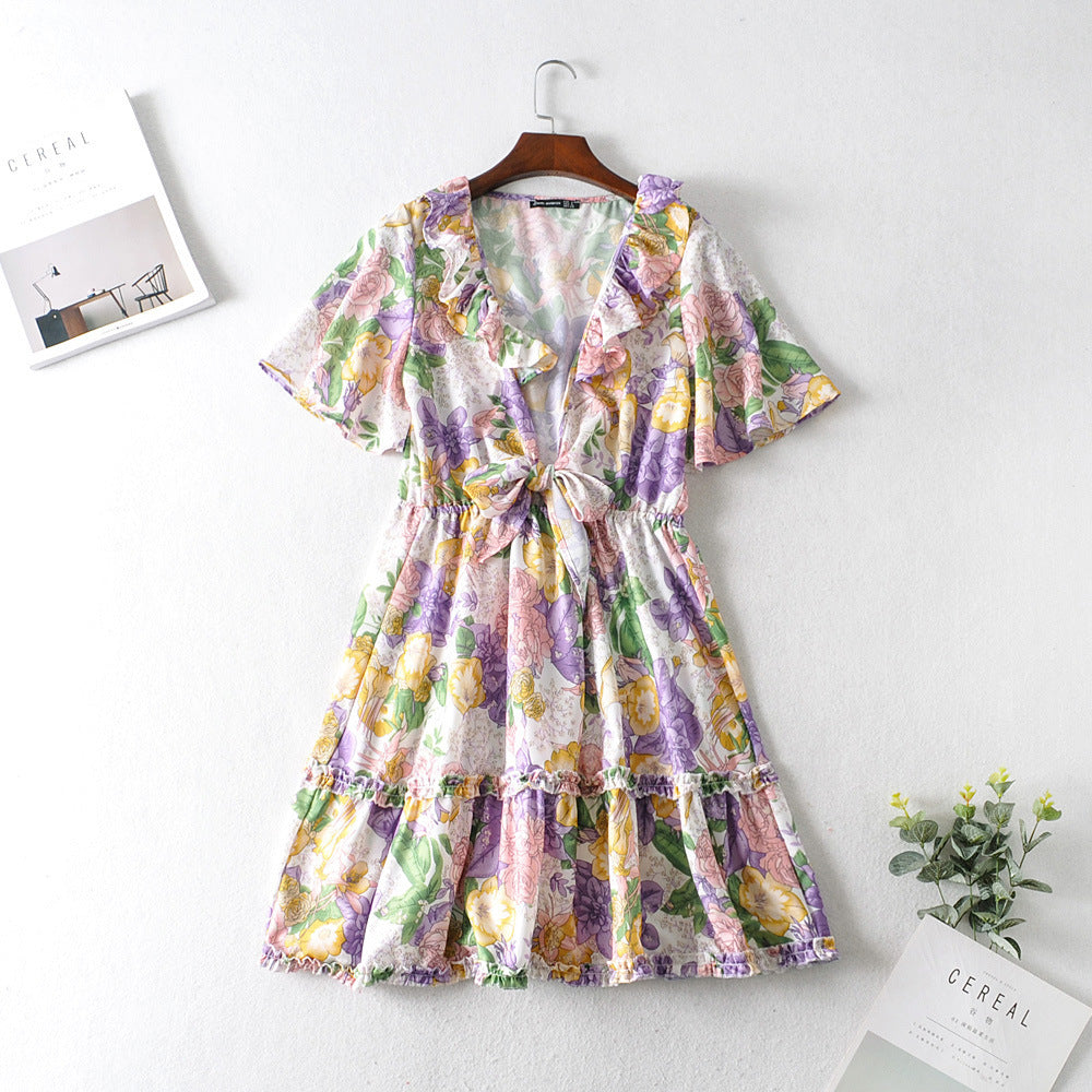 Short Sleeve Dress Women's New Style Knotted Print Short Sleeve Dress