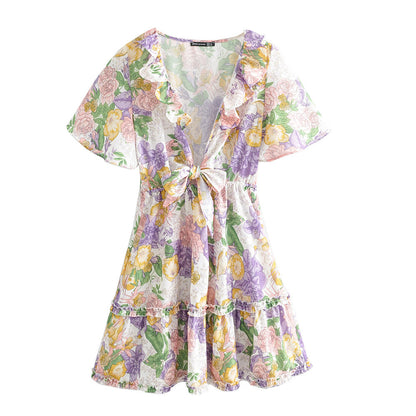 Short Sleeve Dress Women's New Style Knotted Print Short Sleeve Dress