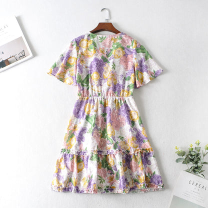 Short Sleeve Dress Women's New Style Knotted Print Short Sleeve Dress