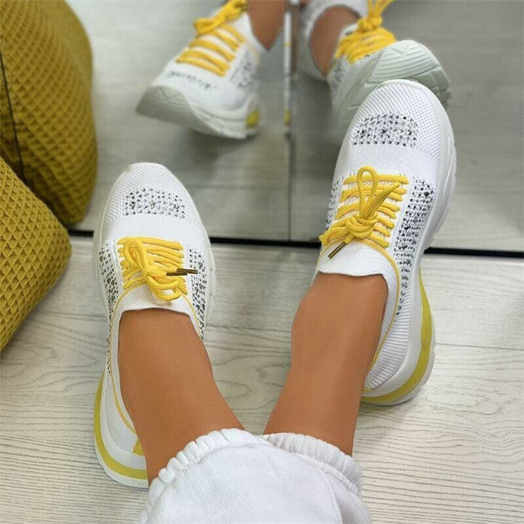 Mesh Sneaker Flying Woven Round Head Spot Color Matching Rhinestone Textile Viscose Shoes Daily