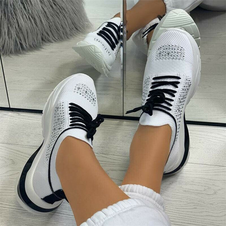 Mesh Sneaker Flying Woven Round Head Spot Color Matching Rhinestone Textile Viscose Shoes Daily