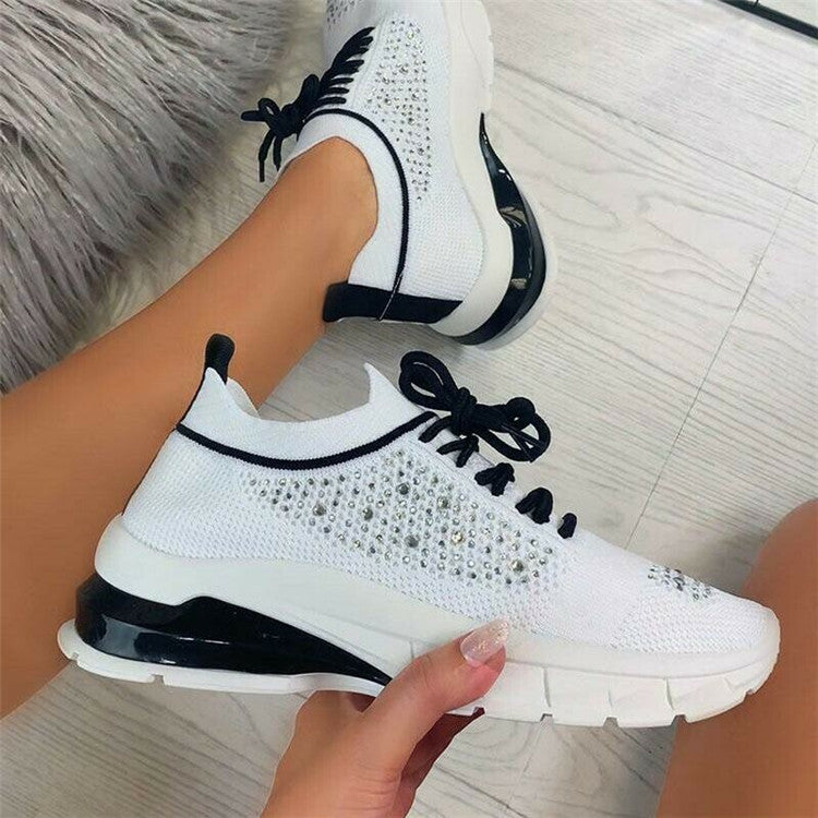 Mesh Sneaker Flying Woven Round Head Spot Color Matching Rhinestone Textile Viscose Shoes Daily