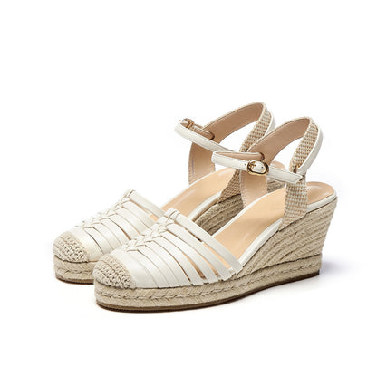 Sandals Flat High Heels Platform Straw Woven Wedge Cream White Toe Cap Sandals Flat High Heels