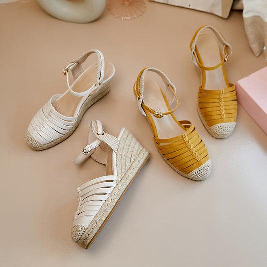 Sandals Flat High Heels Platform Straw Woven Wedge Cream White Toe Cap Sandals Flat High Heels