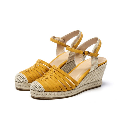 Sandals Flat High Heels Platform Straw Woven Wedge Cream White Toe Cap Sandals Flat High Heels