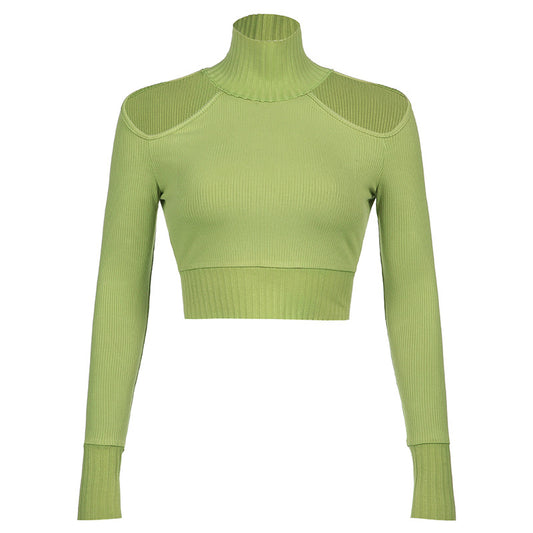 Lace-up High-neck Off-shoulder Long-sleeved T-shirt