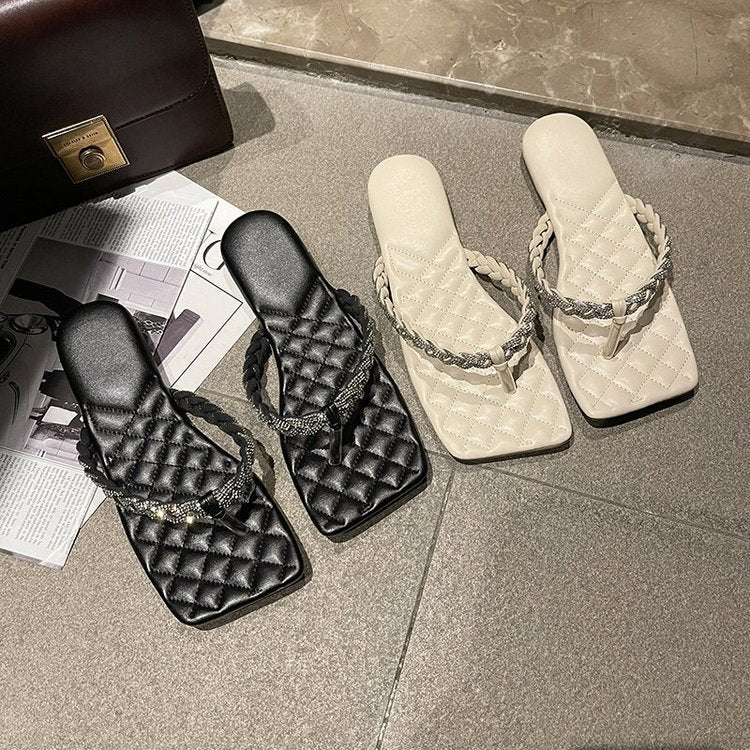 Square Head Sandals Summer New Style Rhinestone Clip Foot Square Head Sandals Flat Bottom