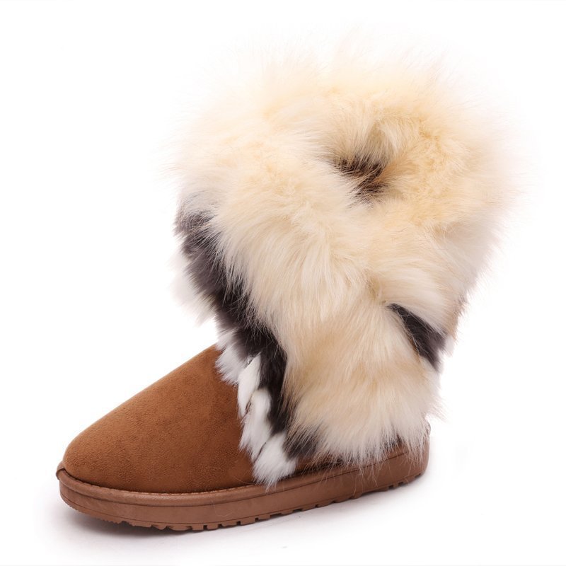 Snow Boots Furry Boots Imitated Rabbit Fur White Snow Boots Tassel Hairy Boots Women'S Boots