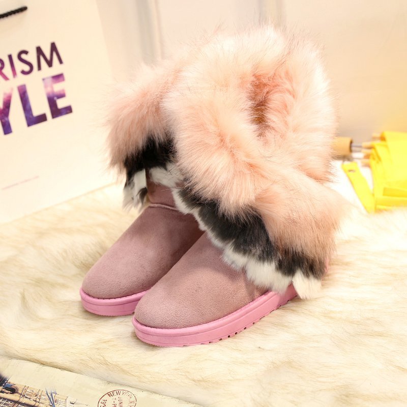 Snow Boots Furry Boots Imitated Rabbit Fur White Snow Boots Tassel Hairy Boots Women'S Boots