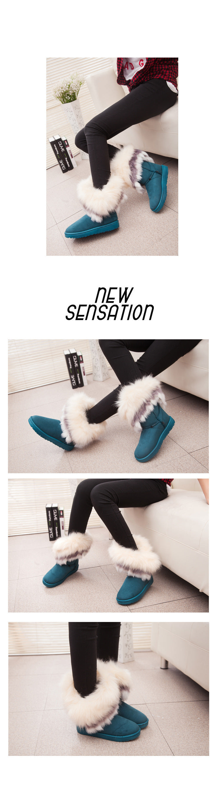 Snow Boots Furry Boots Imitated Rabbit Fur White Snow Boots Tassel Hairy Boots Women'S Boots