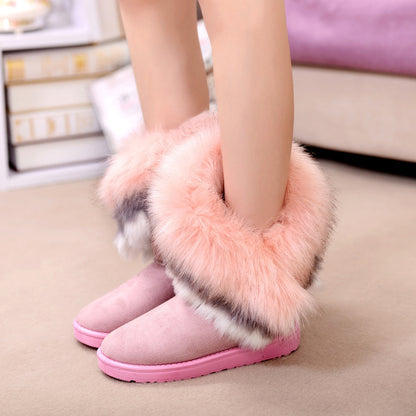 Snow Boots Furry Boots Imitated Rabbit Fur White Snow Boots Tassel Hairy Boots Women'S Boots