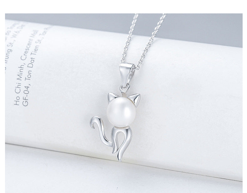 S925 Silver Cat Necklace Female Fashion Creative Pearl Pendant