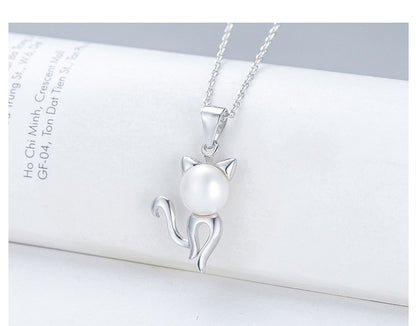 S925 Silver Cat Necklace Female Fashion Creative Pearl Pendant