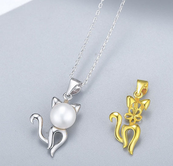 S925 Silver Cat Necklace Female Fashion Creative Pearl Pendant