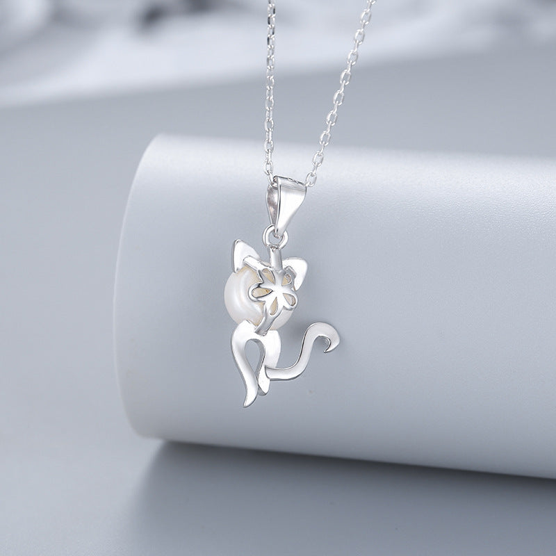 S925 Silver Cat Necklace Female Fashion Creative Pearl Pendant