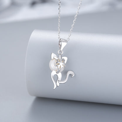 S925 Silver Cat Necklace Female Fashion Creative Pearl Pendant