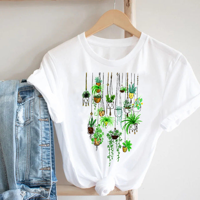 Cactus Cartoon Sweet Lady Street Fashion Clothing Printed Tee T-Shirt