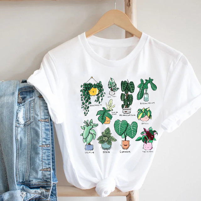 Cactus Cartoon Sweet Lady Street Fashion Clothing Printed Tee T-Shirt