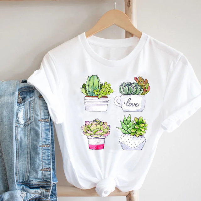 Cactus Cartoon Sweet Lady Street Fashion Clothing Printed Tee T-Shirt