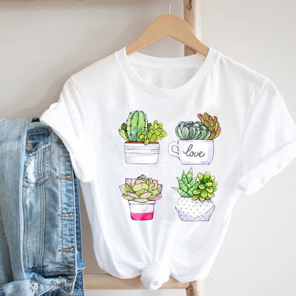 Cactus Cartoon Sweet Lady Street Fashion Clothing Printed Tee T-Shirt