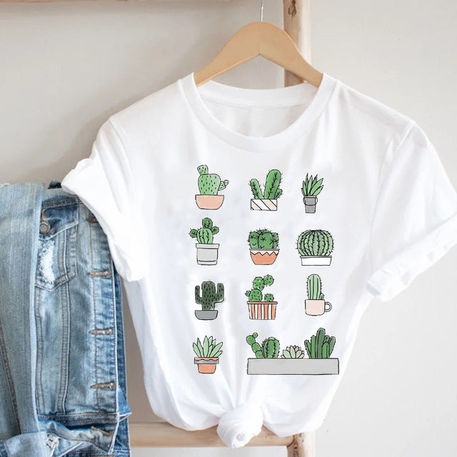 Cactus Cartoon Sweet Lady Street Fashion Clothing Printed Tee T-Shirt