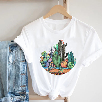 Cactus Cartoon Sweet Lady Street Fashion Clothing Printed Tee T-Shirt