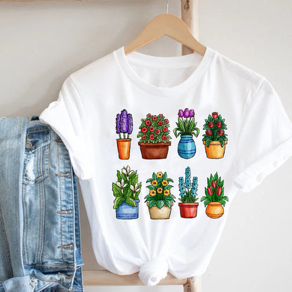 Cactus Cartoon Sweet Lady Street Fashion Clothing Printed Tee T-Shirt