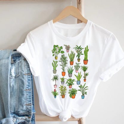 Cactus Cartoon Sweet Lady Street Fashion Clothing Printed Tee T-Shirt