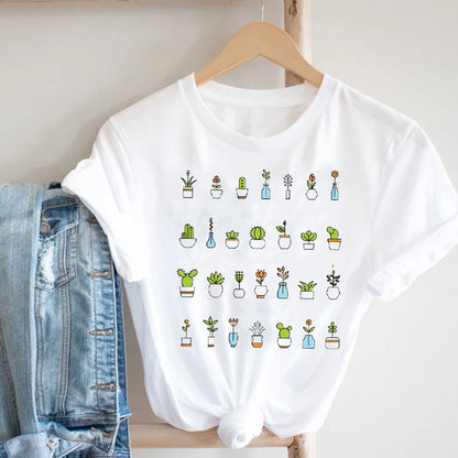 Cactus Cartoon Sweet Lady Street Fashion Clothing Printed Tee T-Shirt