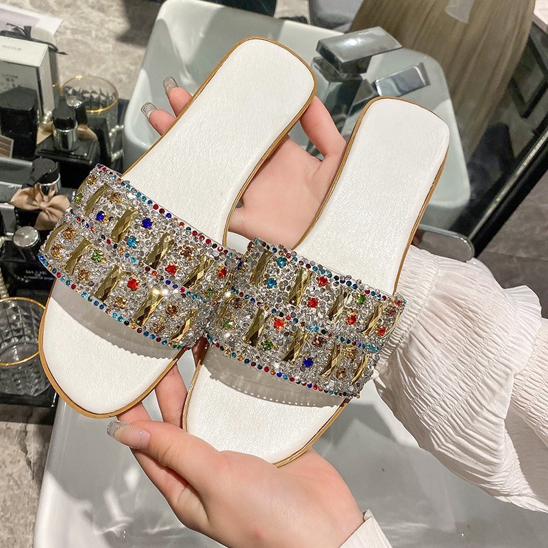 Flat Shoes Women's Slippers Summer New Style Rhinestone Color Diamond Roman Style Flat Shoes