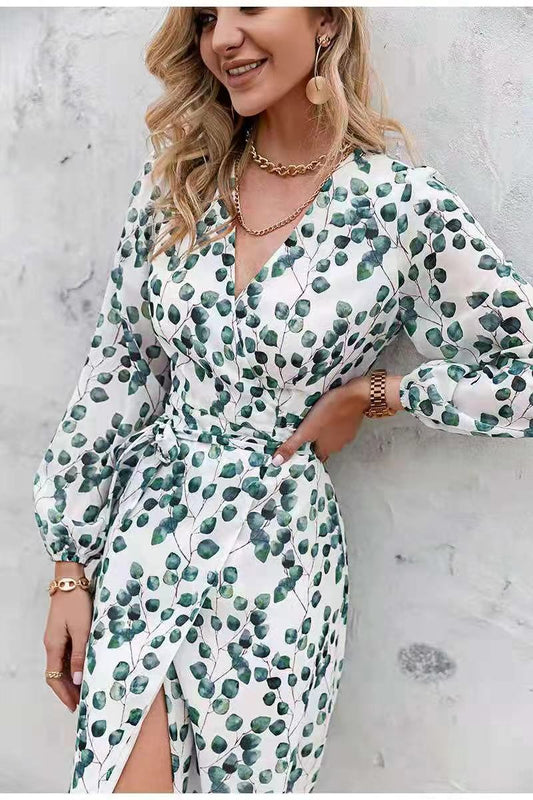 Women's Dress New Printed Long Sleeve Lace A-Line Green Leaf Women's Dress