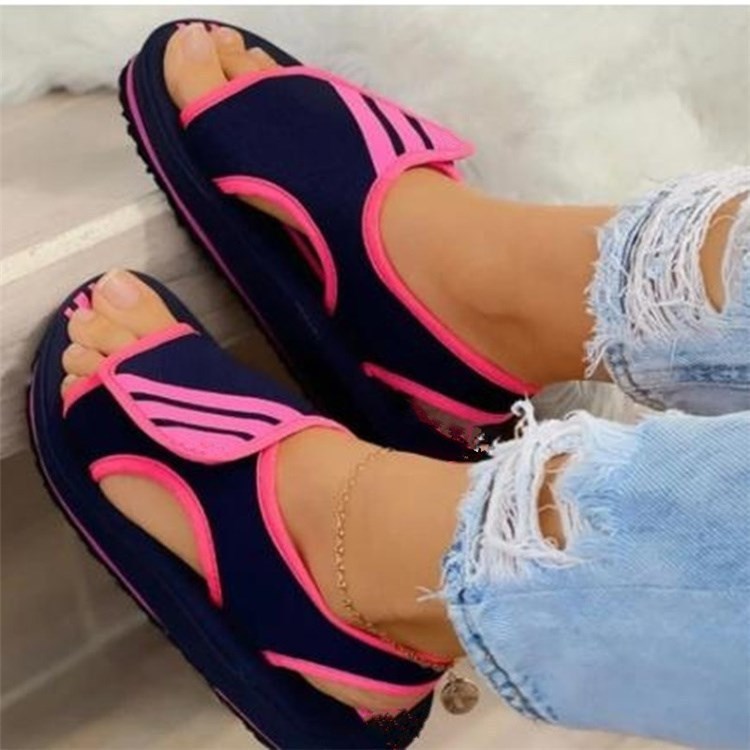 Velcro Flat Sandals Women's Plus Size Sandals New Color-Blocking Velcro Flat Sandals