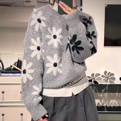 Round Neck Flower Western Style Soft Glutinous Loose And Lazy Style Pullover Sweater