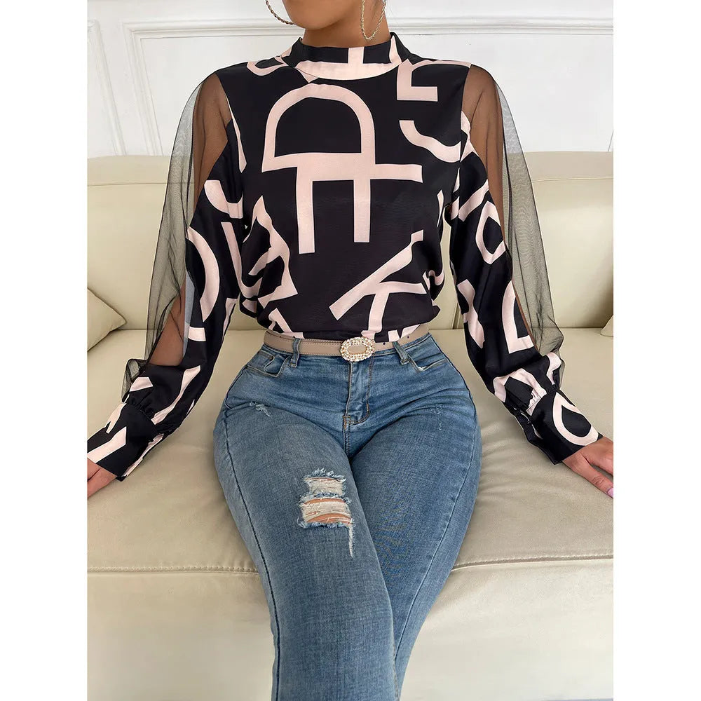 Round Neck Pullover Top Geometric Print Stitching Mesh Round Neck Pullover Top