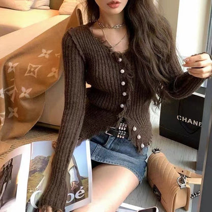 V-neck Sweater Solid Color Slim Fit Knitted Cardigan