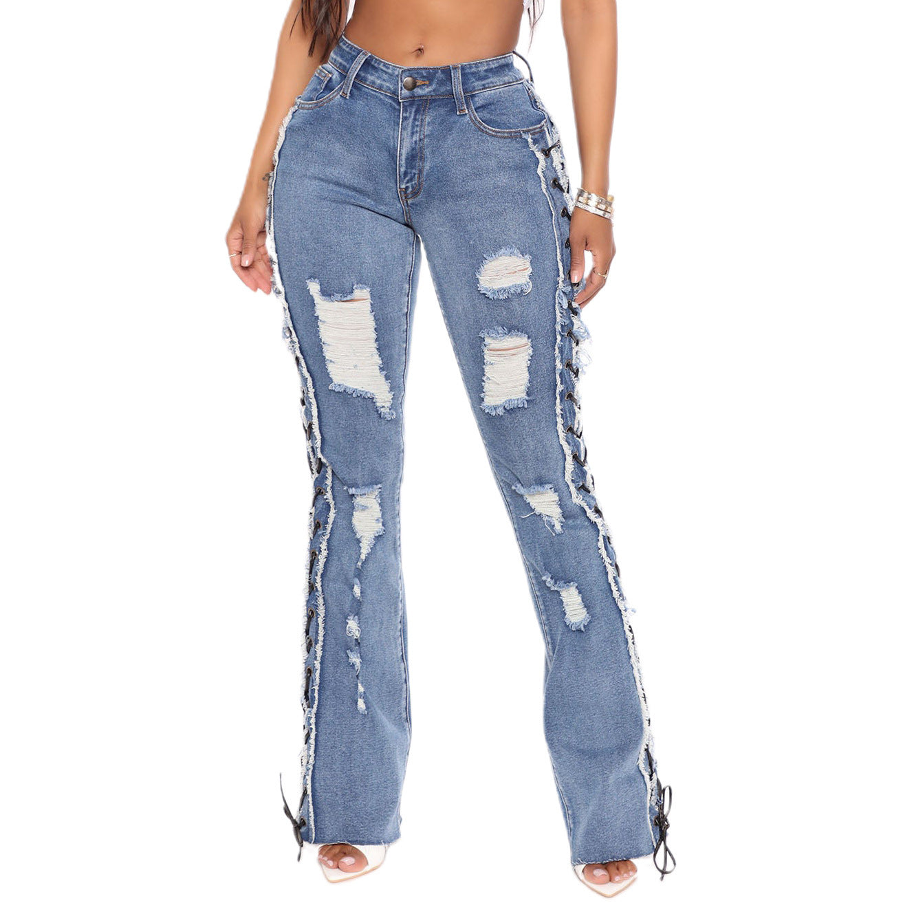 Eyelet Rope High Elasticity Slim Fit Ripped Denim Trousers