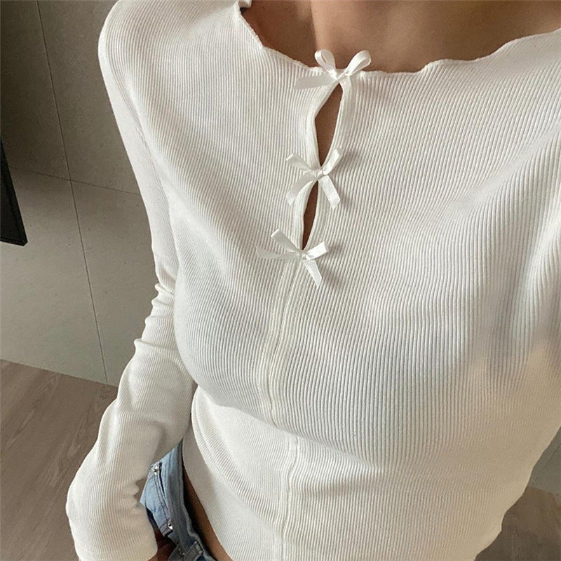 Round Neck Shirt Spring New Women's Solid Color Round Neck Hollow Bow Knitted Top