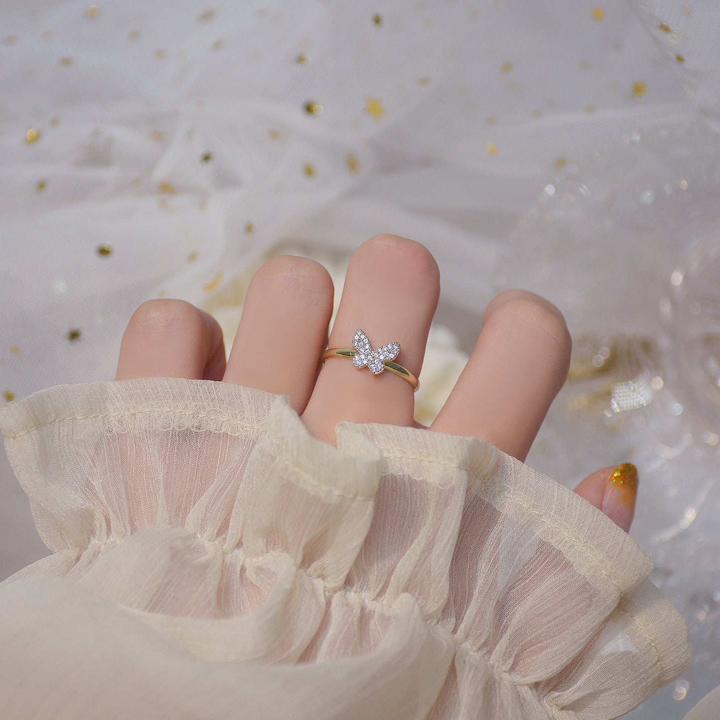 Delicate micro inlaid with INS net red butterfly wing opening ring ring ring simple ring