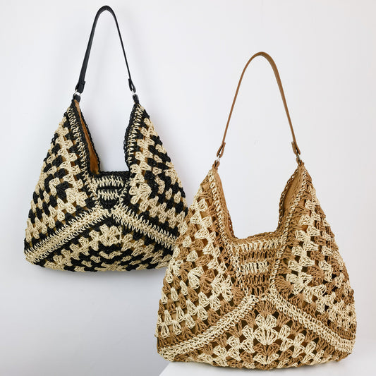 Shoulder Bag Women's Fashion Handmade Straw Woven Hollow Contrast Color Weave Shoulder Bag