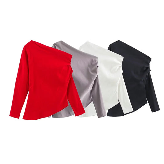 Winter New Shoulder Asymmetric Fold Slim Shirt Top For Women