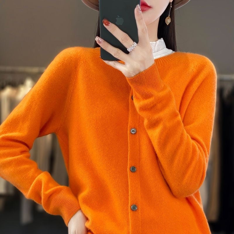 Cashmere Wool Cardigan Sweater Women's O-Neck Long-sleeve