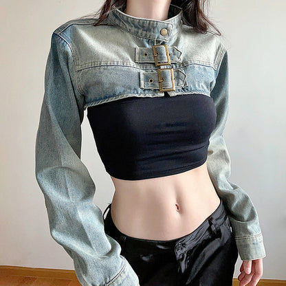 Loose Long Sleeve Ultra Short Denim Waistcoat Jacket Blouse
